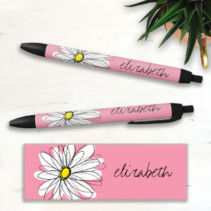 Pink and White Whimsical Daisy with Custom Text Black Ink Pen