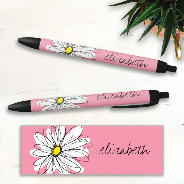 Pink and White Whimsical Daisy with Custom Text Black Ink Pen (Creator Uploaded)