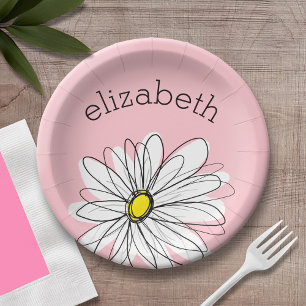 Pink and White Whimsical Daisy with Custom Text Paper Plate