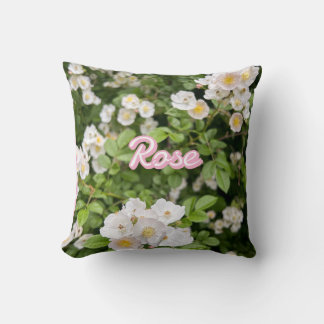 Pink and White Wild Roses on Green Custom Name Cushion