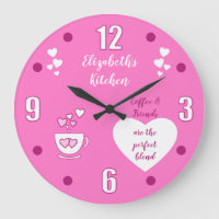 Pink and white with a coffee cup hearts and a name
