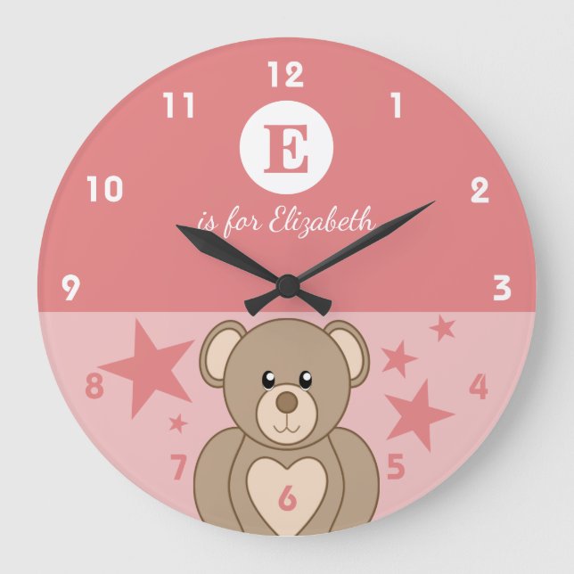 Pink and white with a cute teddy stars baby name large clock (Front)