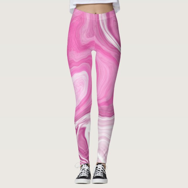 Pink and White with a Touch of Purple Marble Art   Leggings (Front)