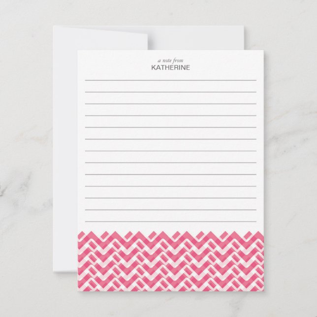 Pink and White Woven Chevron with Name - Lined Note Card (Front)