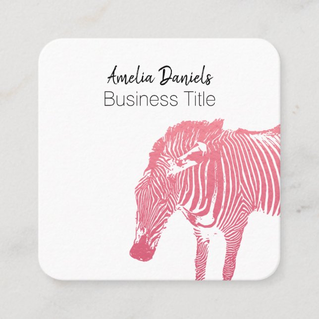 Pink and White Zebra Square Business Card (Front)