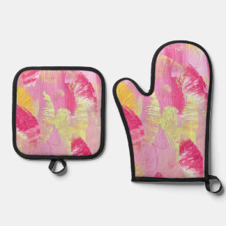 Pink and Yellow Abstract Art Oven Mitt & Pot Holder Set