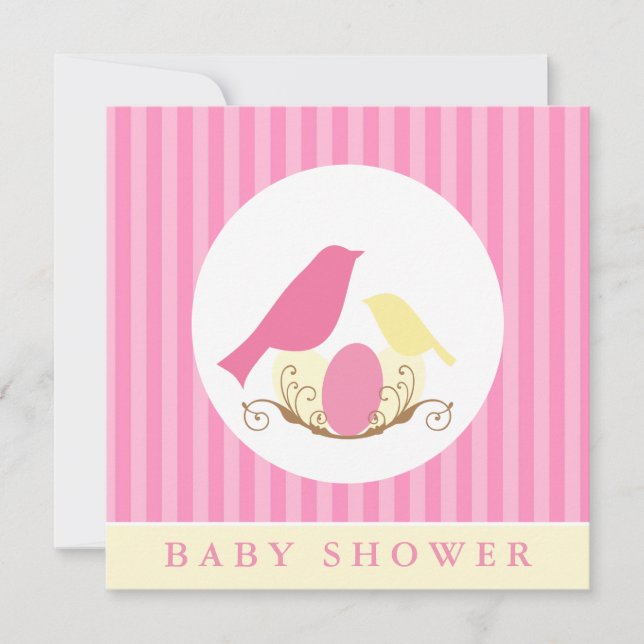 Pink and Yellow Birds Nest Baby Shower Invitation (Front)