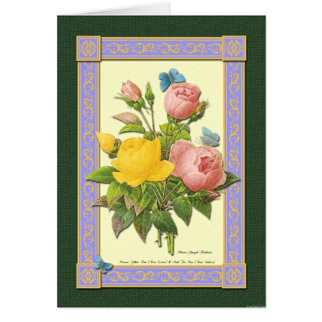 Pink and Yellow Botanical Roses Blank Card (Front)