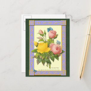 Pink and Yellow Botanical Roses Blank Postcard