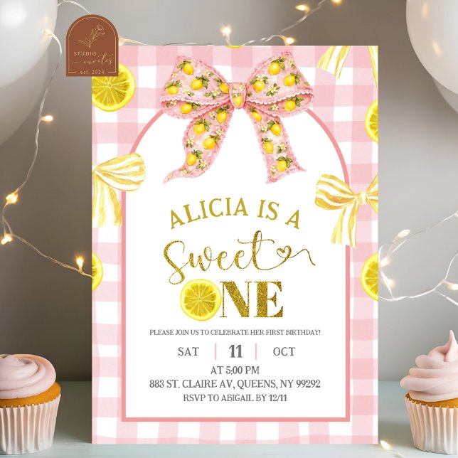 Pink and Yellow Bow Sweet One Lemon Birthday Invit Invitation (Creator Uploaded)