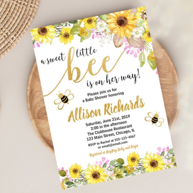 Pink and yellow bumble bee girl baby shower invitation (Creator Uploaded)