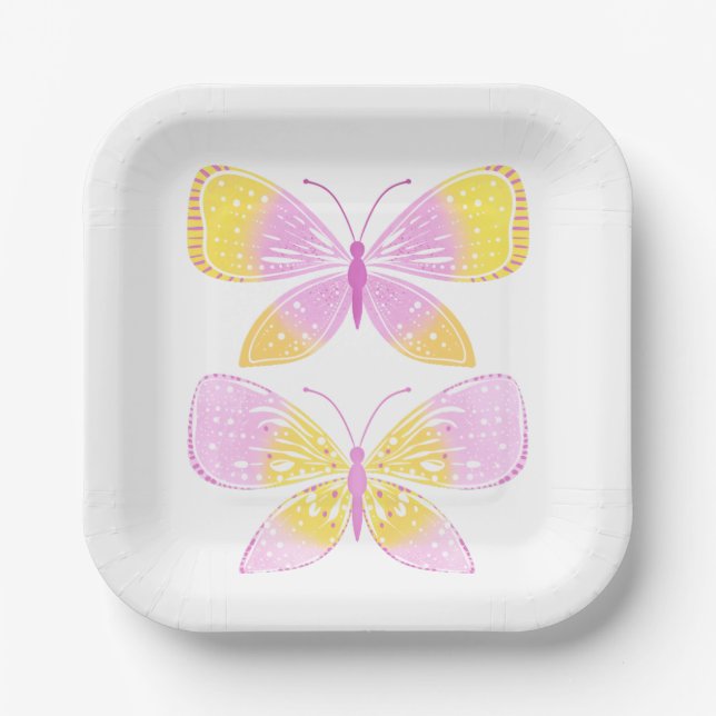 Pink and Yellow Butterflies Paper Plate (Front)