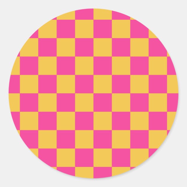 Pink and Yellow Chequerboard Classic Round Sticker (Front)