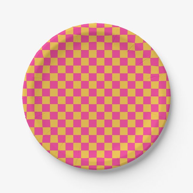 Pink and Yellow Chequerboard Paper Plate (Front)