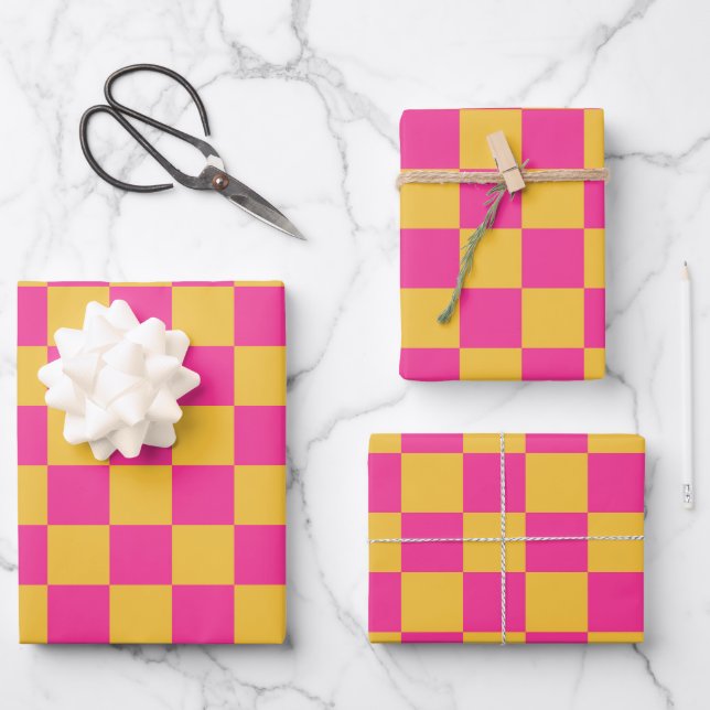 Pink and Yellow Chequerboard Wrapping Paper Sheet (Front)