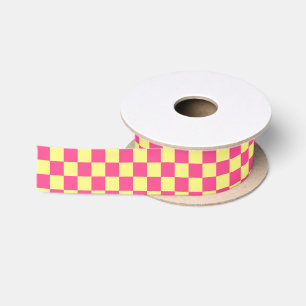 Pink and Yellow Chequered Print Satin Ribbon