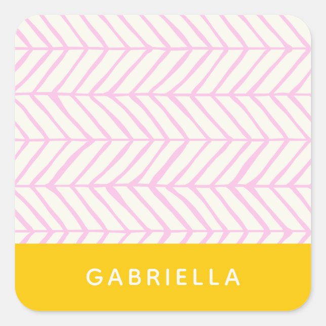 Pink and Yellow Chevron Line Pattern Personalised  Square Sticker (Front)