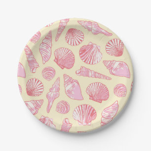 Pink and Yellow Coastal Painted Seashells Paper Plate