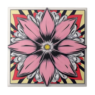 Pink and yellow comic style flower Ceramic Tile