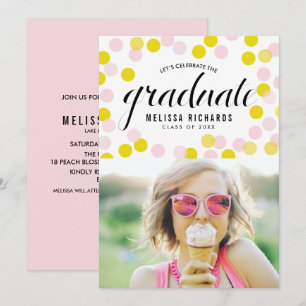 Pink and Yellow Confetti Dots Photo Graduation Invitation