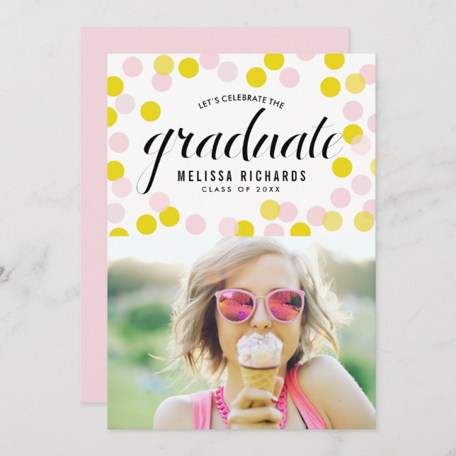 Pink and Yellow Confetti Dots Photo Graduation Invitation (Front/Back)