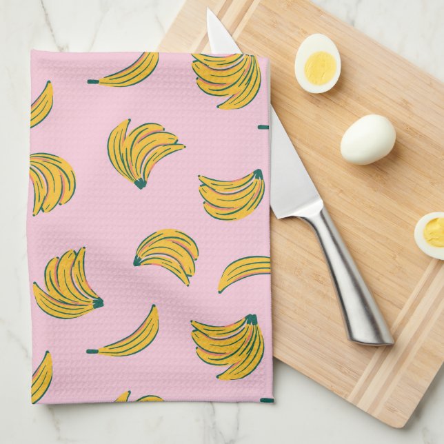 Pink and Yellow Cool Banana Pattern Tea Towel (Quarter Fold)