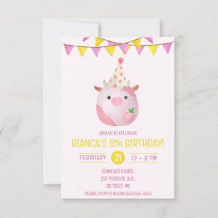 Pink and Yellow Cow Stuffy, Plush Birthday Party Invitation