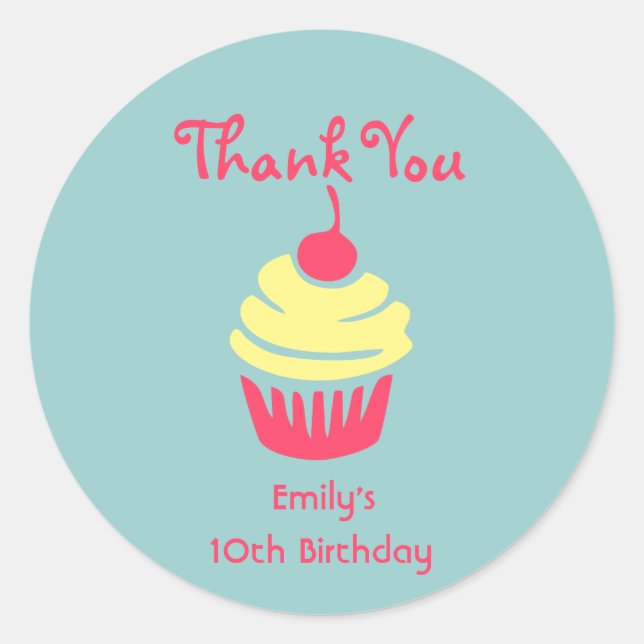 Pink and Yellow Cupcake Birthday Thank You Classic Round Sticker (Front)