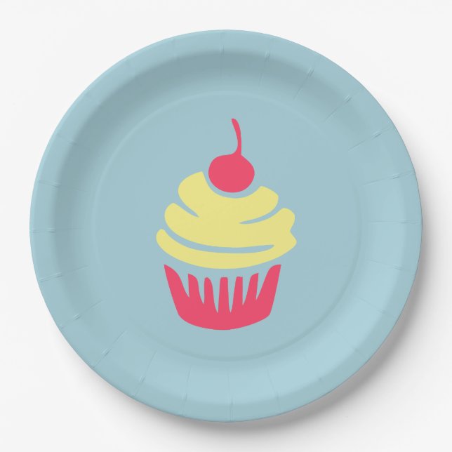 Pink and Yellow Cupcake with Cherry On Top Paper Plate (Front)