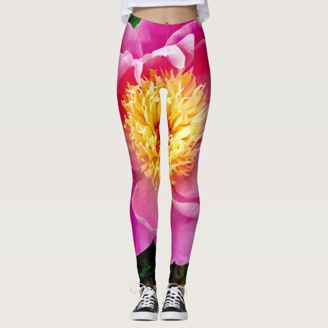 Pink and Yellow Dahlia Floral Leggings (Front)