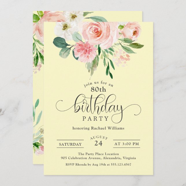 Pink and Yellow Floral 80th Birthday Party Invitation (Front/Back)