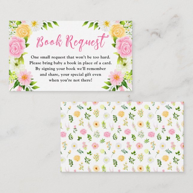 Pink and Yellow Floral Baby Shower Book Request Enclosure Card (Front/Back)
