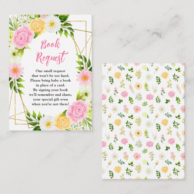 Pink and Yellow Floral Baby Shower Book Request Enclosure Card (Front/Back)