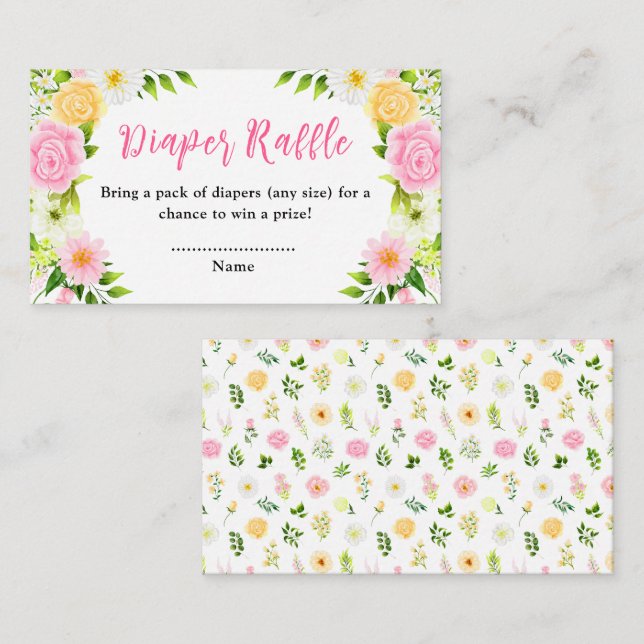 Pink and Yellow Floral Baby Shower Diaper Raffle Enclosure Card (Front/Back)