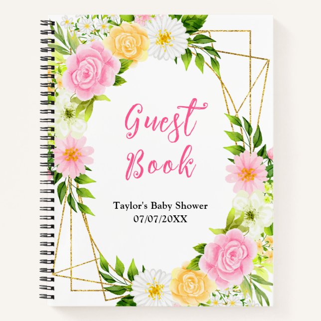 Pink and Yellow Floral Baby Shower Guest Book (Front)