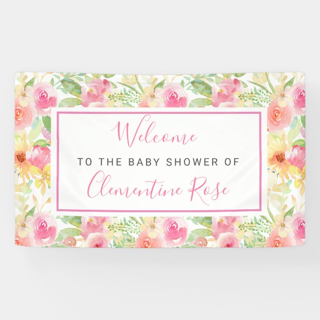 Pink and Yellow Floral Baby Shower Welcome Banner (Horizontal)