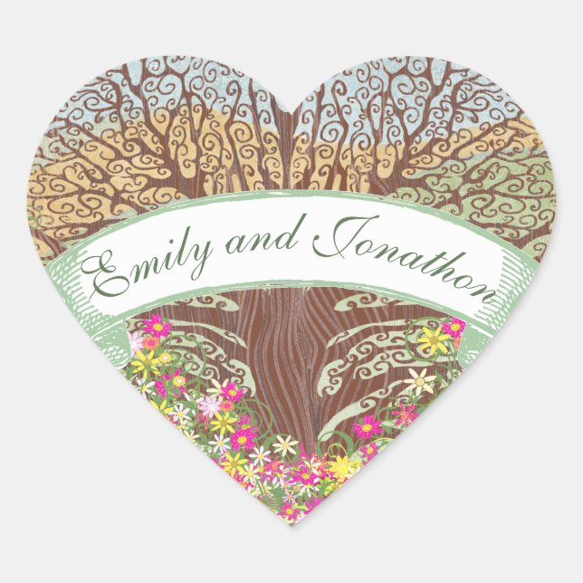 Pink and Yellow Floral Brown Oak Tree Wedding Seal (Front)