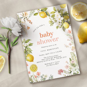 Pink and Yellow   Floral Lemon Citrus Baby Shower Invitation