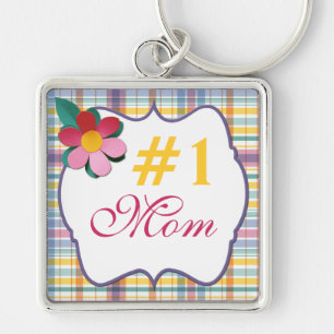 Pink and Yellow Floral on Plaid  #1 Mum Keychain