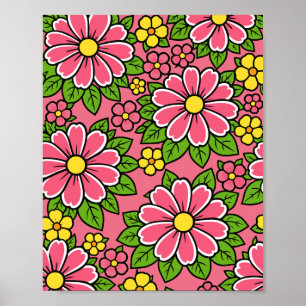 Pink and Yellow Floral Pattern with Green Leaves Poster