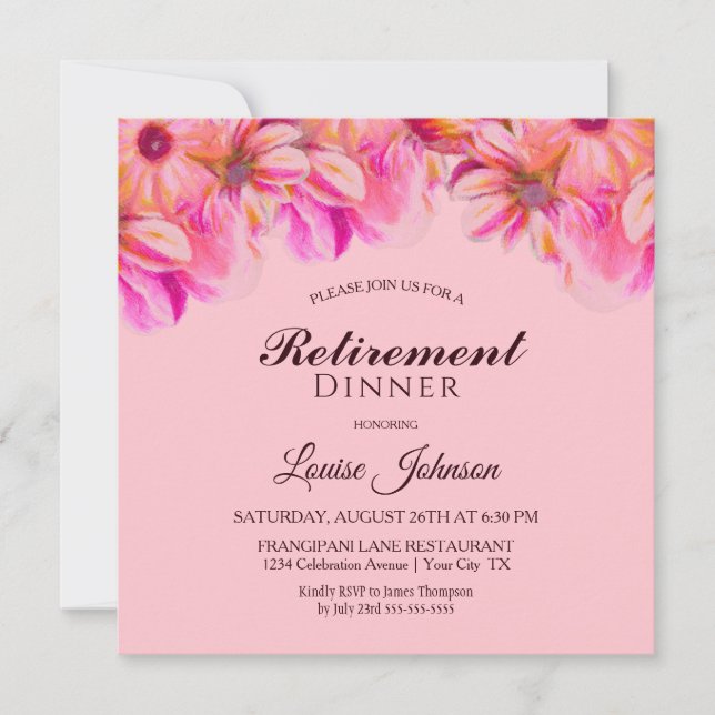 Pink and Yellow Floral Retirement Dinner Party Invitation (Front)