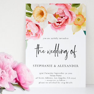 Pink and Yellow Floral Script QR Code Wedding Invitation