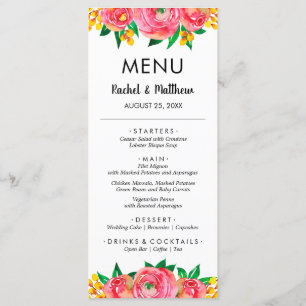 Pink and Yellow Floral Watercolor Wedding Menu