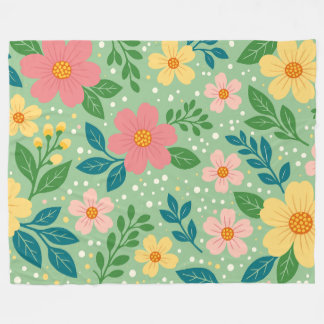 Pink and Yellow Florals with Green & Blue Leaves Fleece Blanket