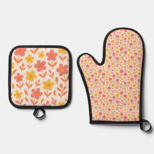 Pink and yellow flower pattern oven mitt & pot holder set