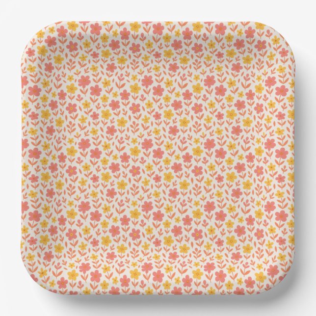 Pink and yellow flower pattern paper plate (Front)