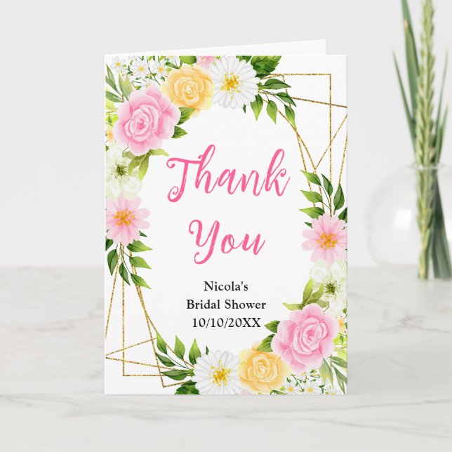 Pink and Yellow Flowers and Foliage Bridal Shower Thank You Card (Front)