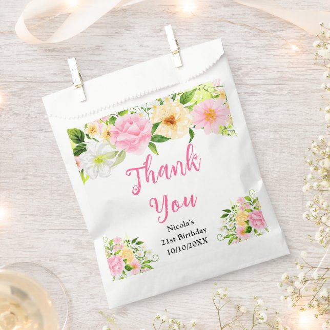 Pink and Yellow Flowers Birthday Thank You Favour Bags (Clipped)