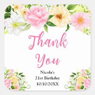 Pink and Yellow Flowers Birthday Thank You Square Sticker