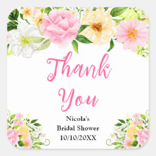 Pink and Yellow Flowers Bridal Shower Thank You Square Sticker